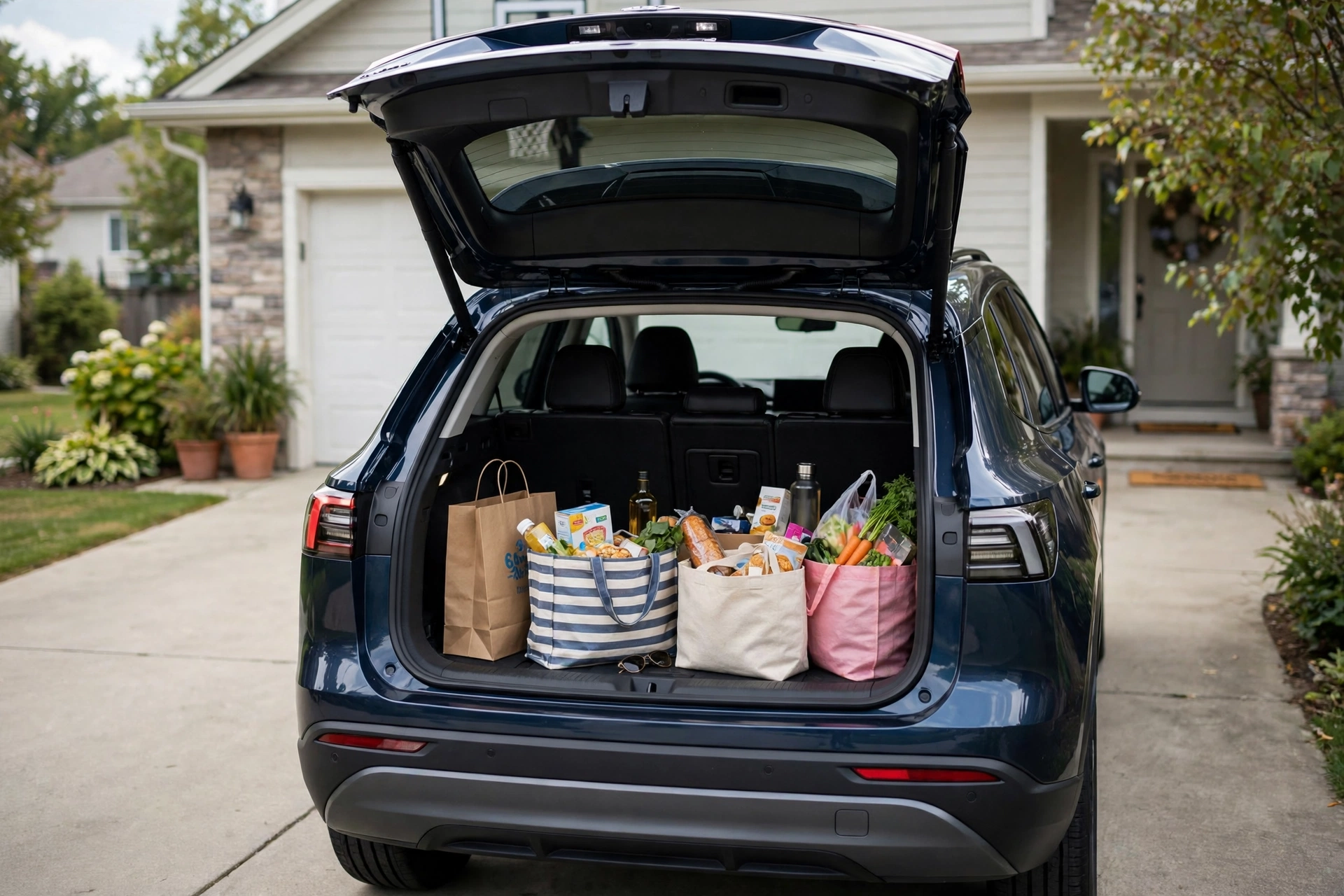An SUV with its rear hatch open showing cargo space in a driveway.