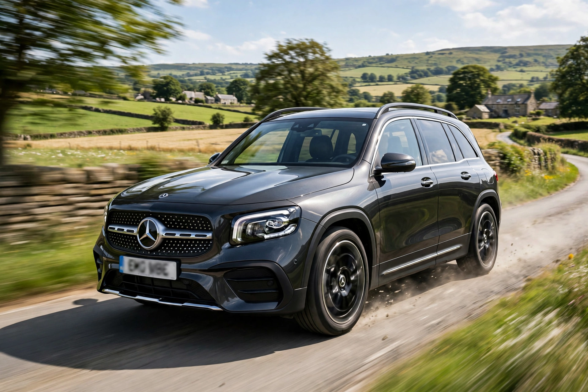 A compact luxury SUV driving on a scenic country road in daylight.