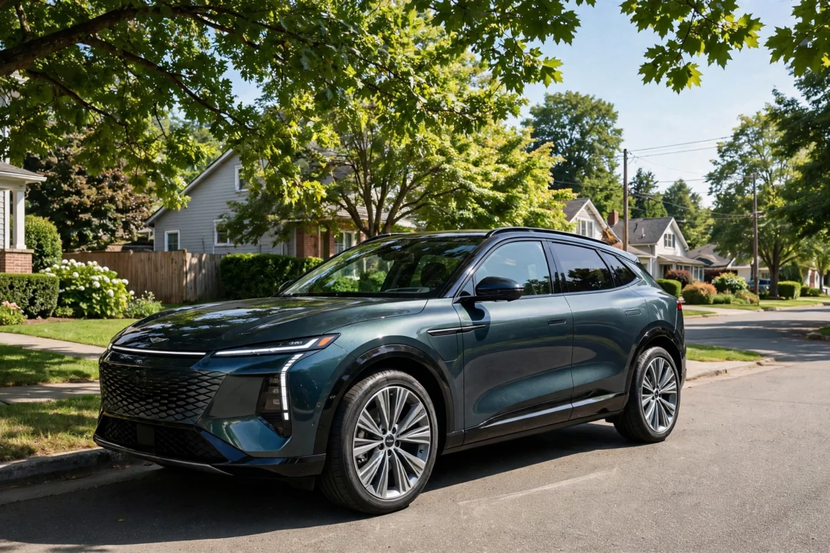 A modern luxury compact SUV parked on a suburban street in daylight.