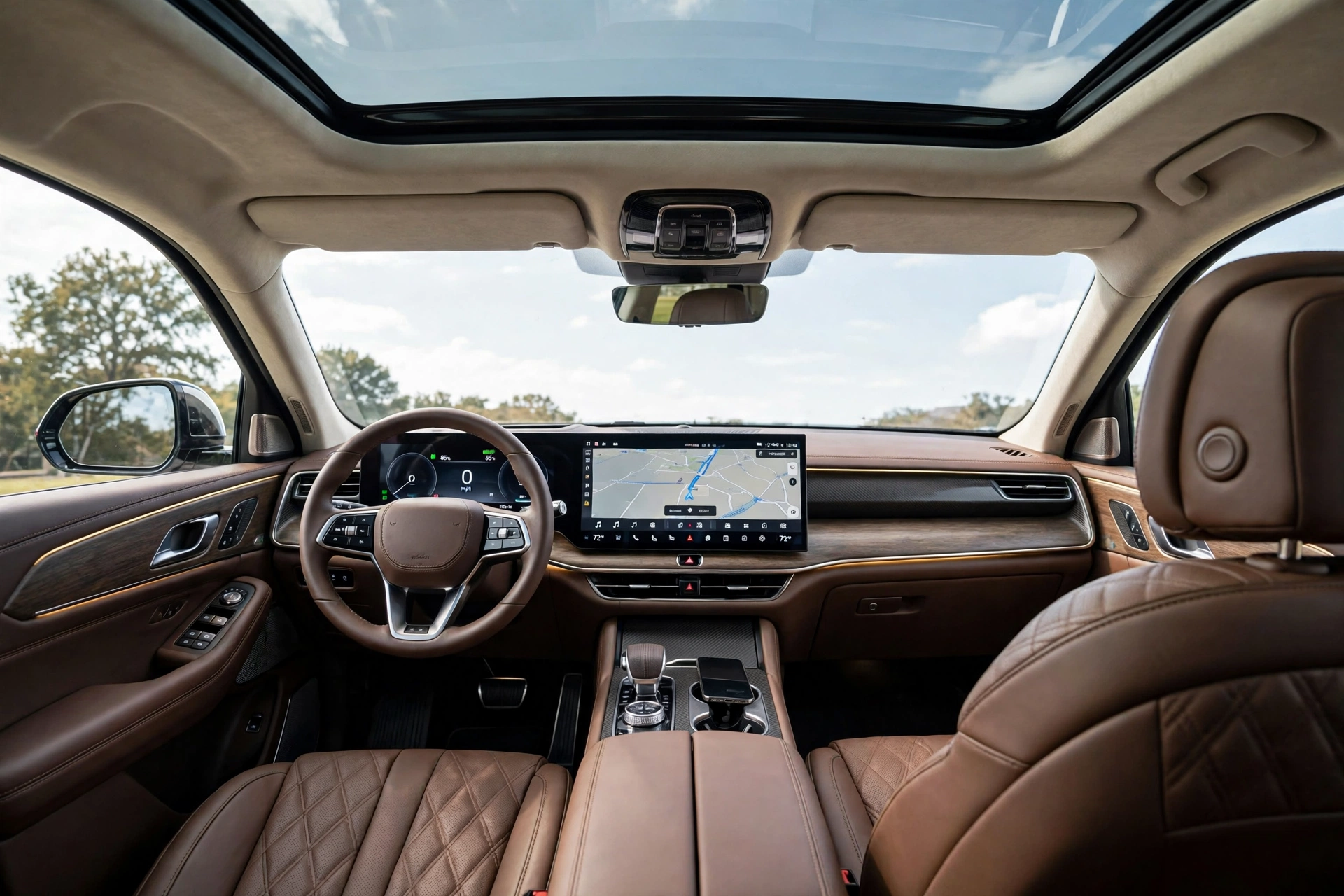 A luxury SUV interior with leather seats, a large touchscreen, and a panoramic roof.