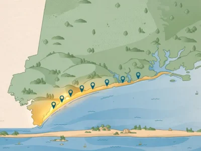 A stylised map highlighting southwest Connecticut along Long Island Sound, showing the region covered by the 203 area code.
