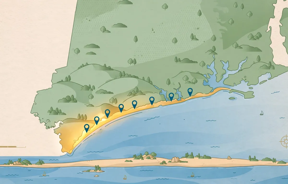 A stylised map highlighting southwest Connecticut along Long Island Sound, showing the region covered by the 203 area code.