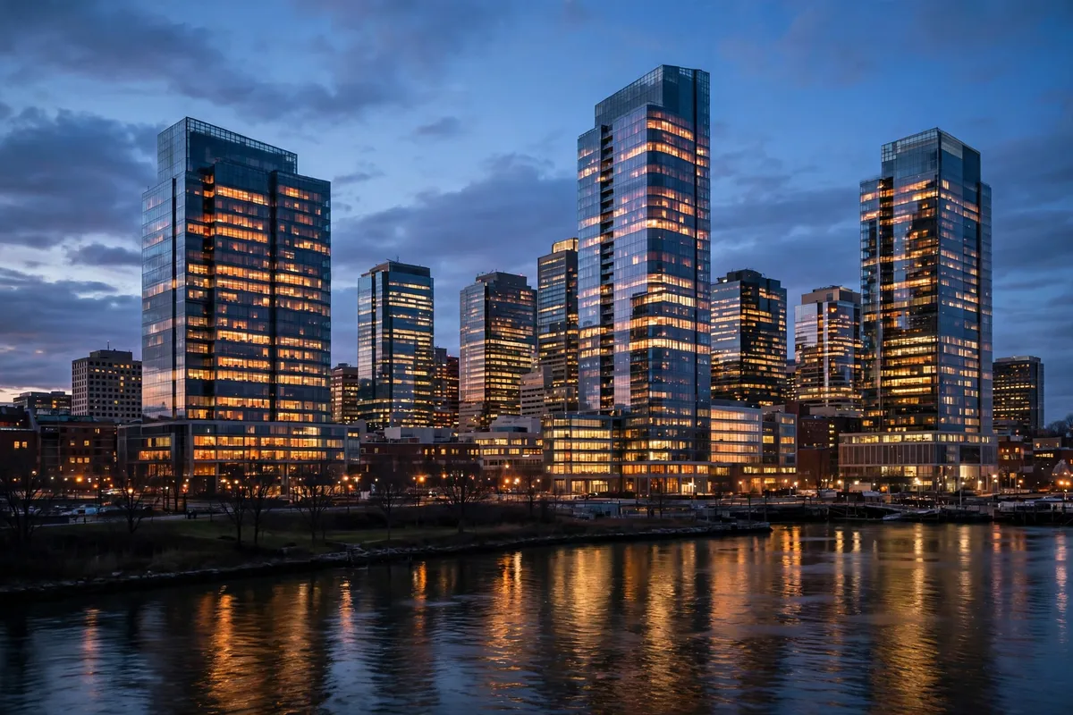 Modern office towers in a Connecticut city skyline at dusk, representing Stamford, a major corporate centre in the 203 area code.
