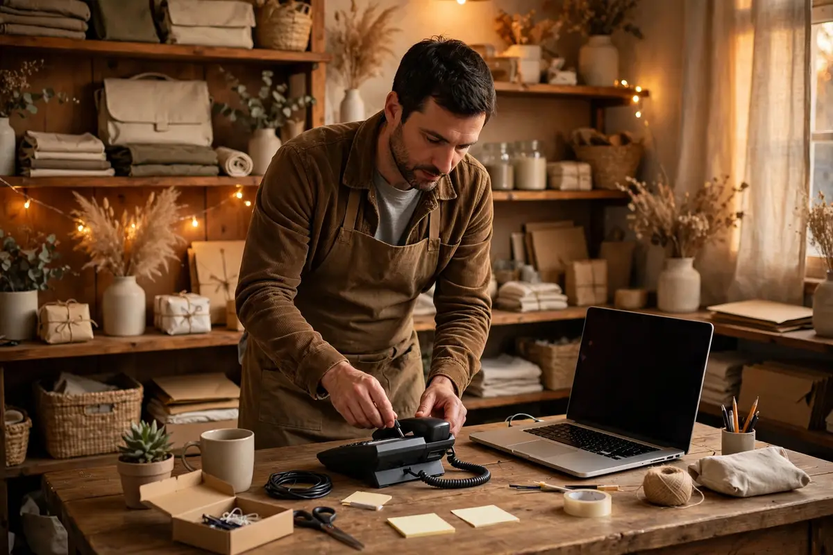 A small business owner setting up a local western Massachusetts phone number on a desk phone.