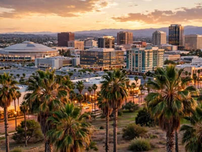 the anaheim california skyline at dusk in the 714 area code region