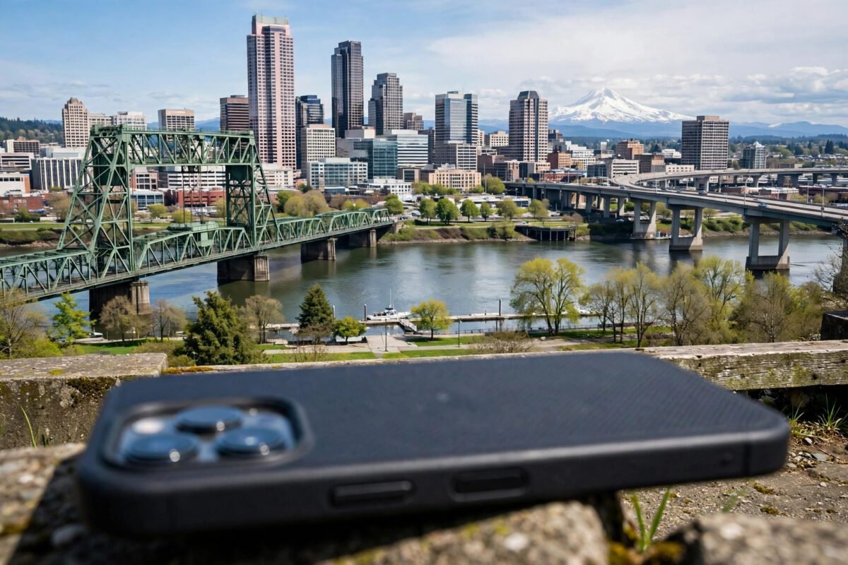 The downtown Portland, Oregon skyline beside a smartphone, representing the Portland area served by the 971 area code