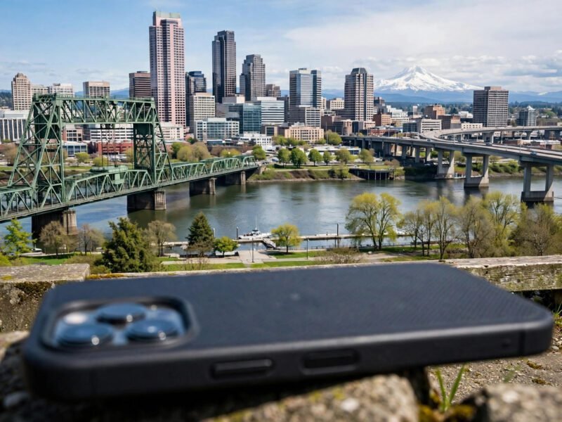The downtown Portland, Oregon skyline beside a smartphone, representing the Portland area served by the 971 area code