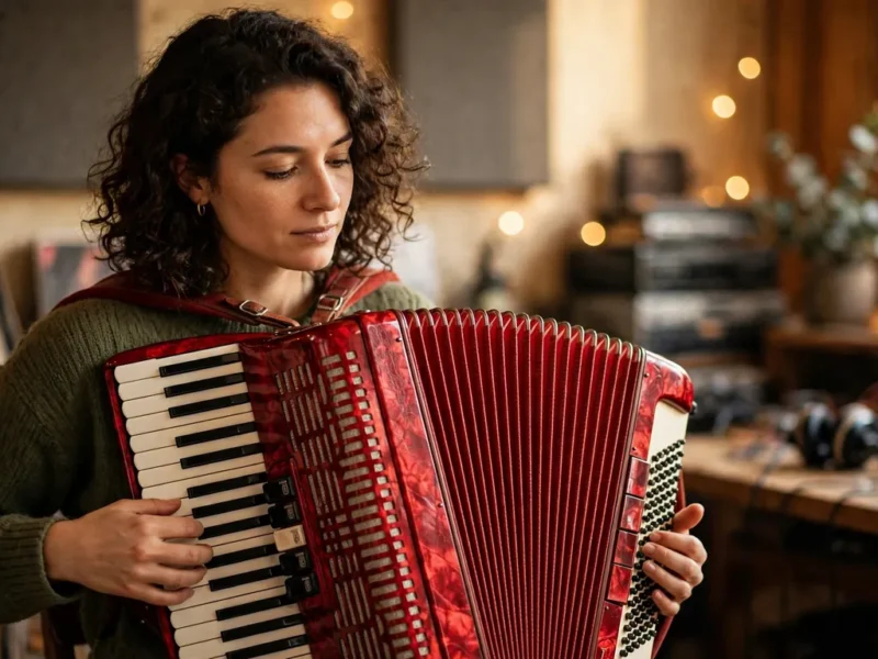 A musician playing a red piano accordion in a studio, the subject of this accordion accordian guide