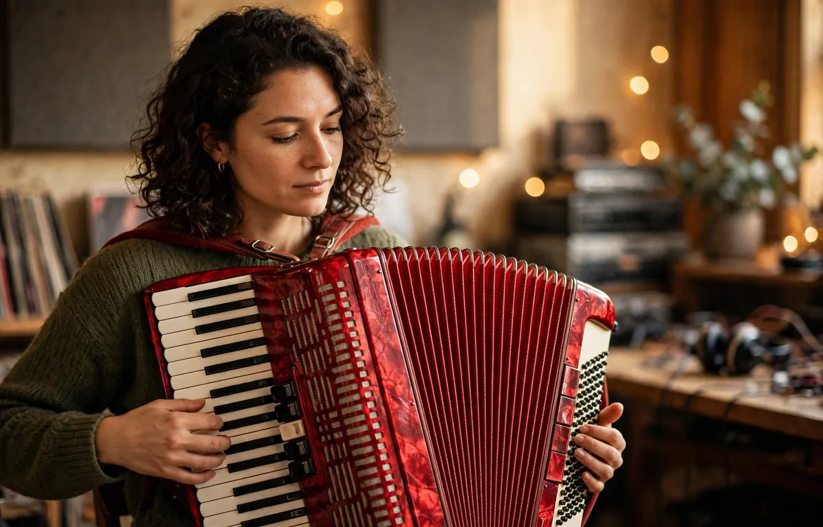 A musician playing a red piano accordion in a studio, the subject of this accordion accordian guide