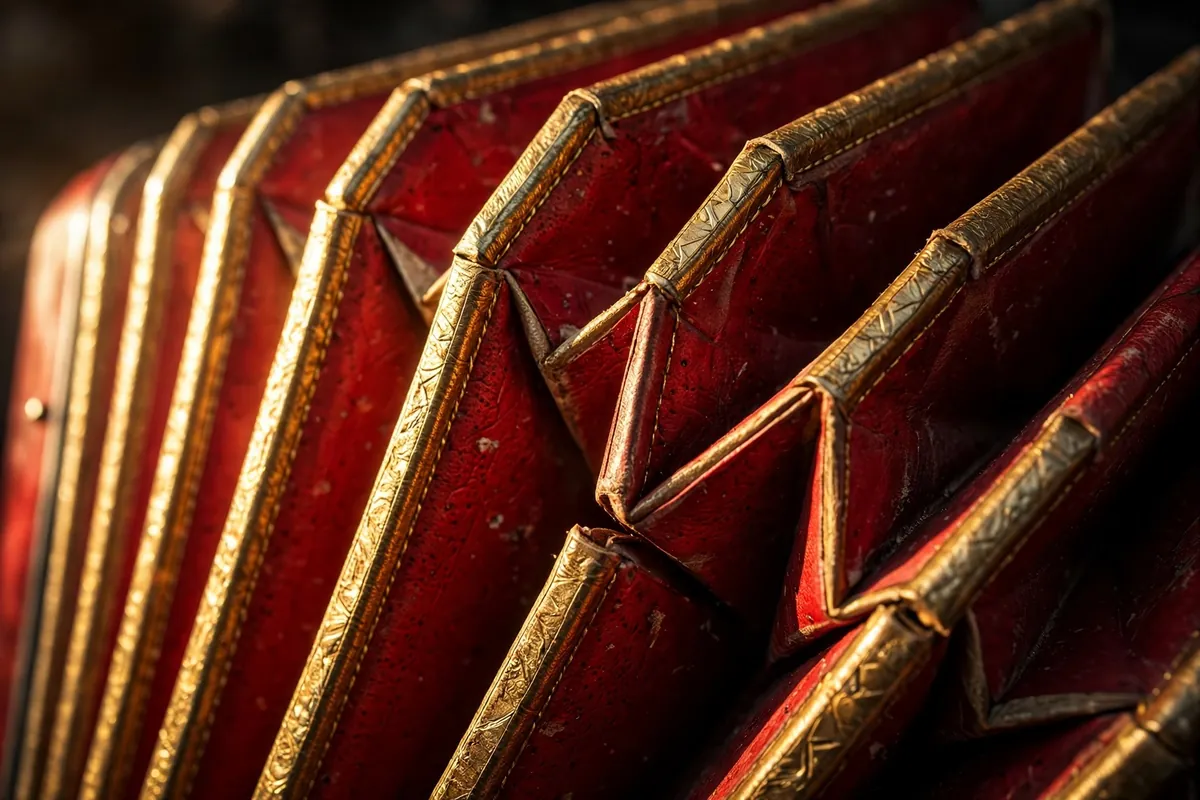 Detail of an accordion's pleated bellows partially open, the part that powers every accordion accordian
