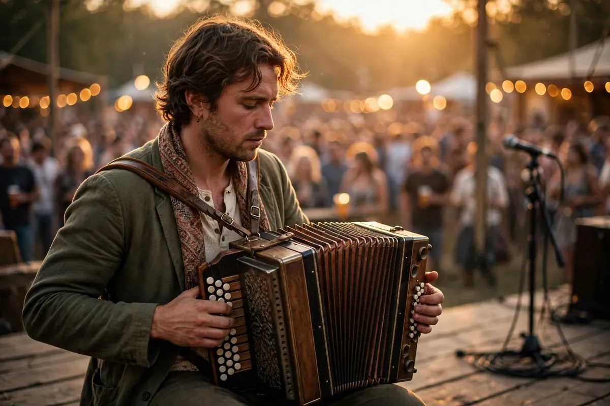 A folk musician playing an accordion on an outdoor festival stage at golden hour, where the accordion accordian is heard worldwide