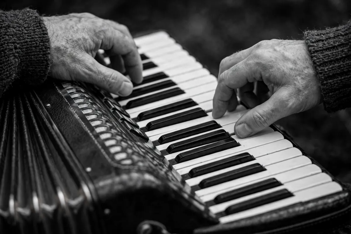 Close-up of hands playing the piano-key side of an accordion, one of the two main accordion accordian layouts