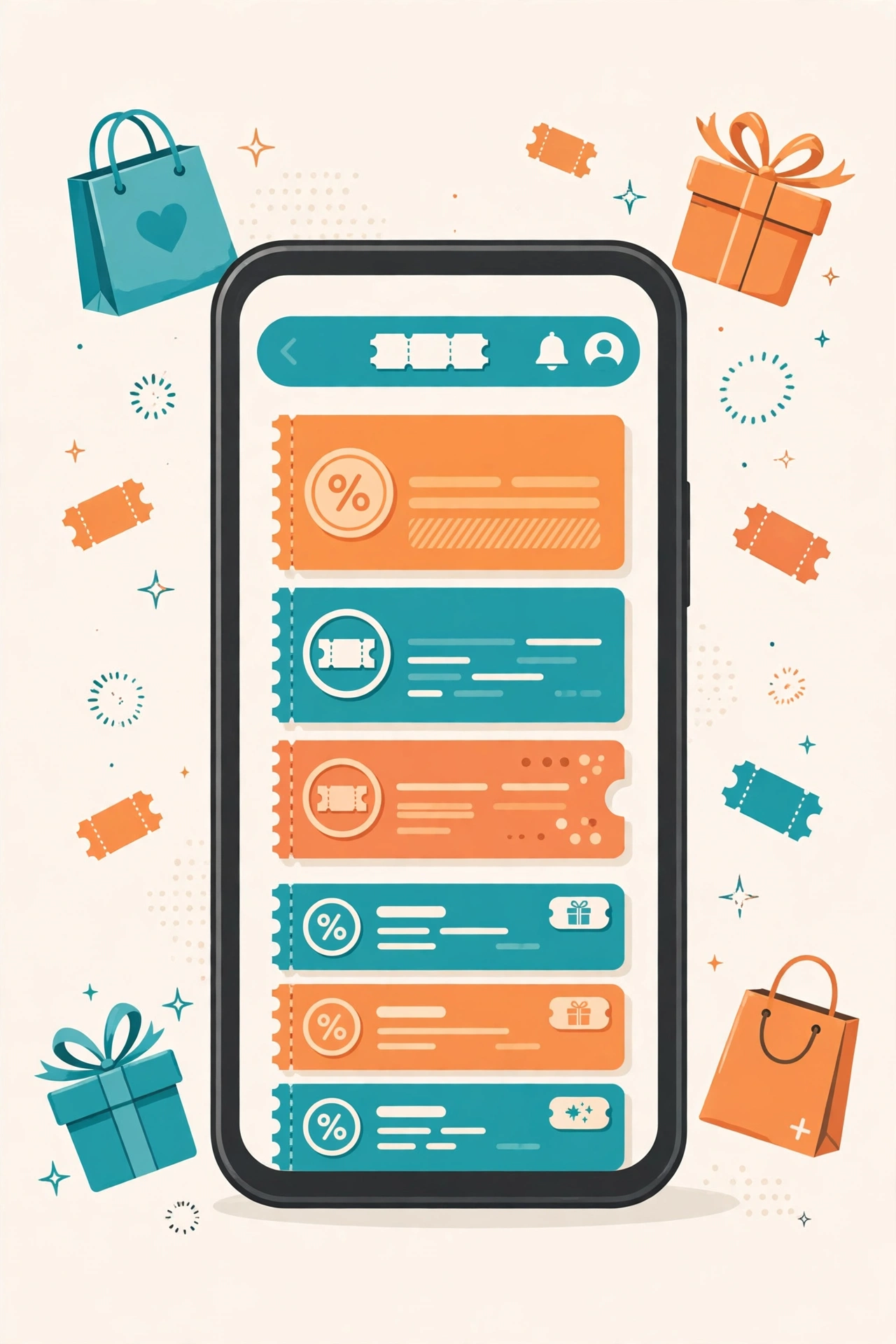 A smartphone displaying a shopping app coupon center filled with colorful discount coupons.