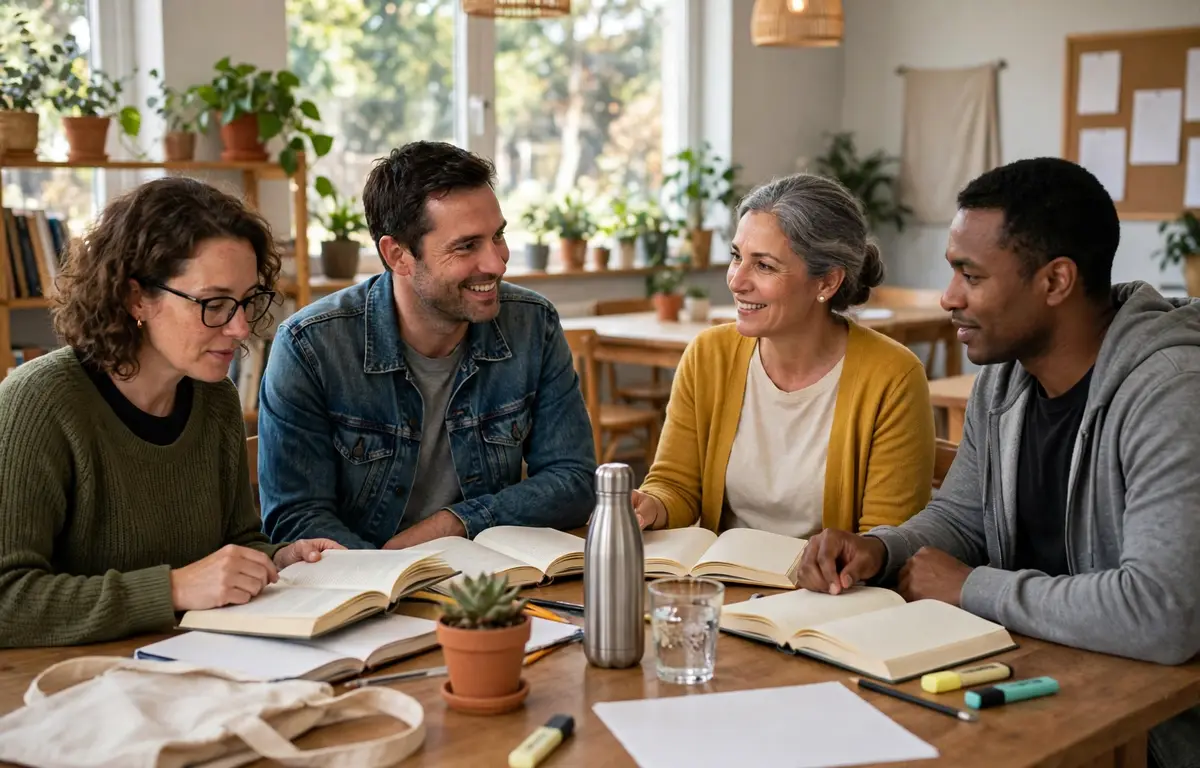 Adult learners studying together at a community learning centre under an alternative learning system.