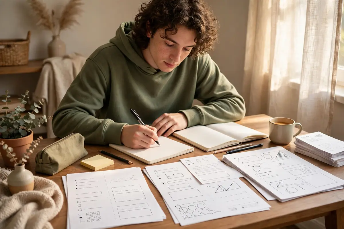 A learner working through printed modular study materials at home at their own pace.
