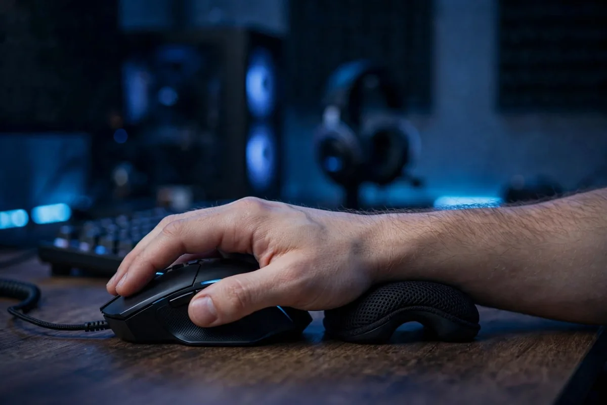 A hand resting on a black BadSeed Tech Carpio wrist support while using a mouse at a gaming desk.