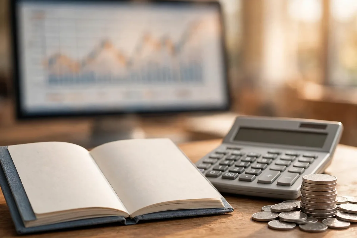 A bank passbook and calculator beside stacked coins, with a financial chart blurred in the background.