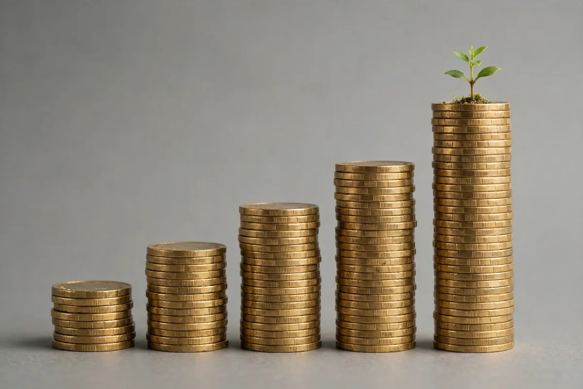 Stacks of coins growing taller with a small plant sprouting from the top, symbolizing savings compounding over time.