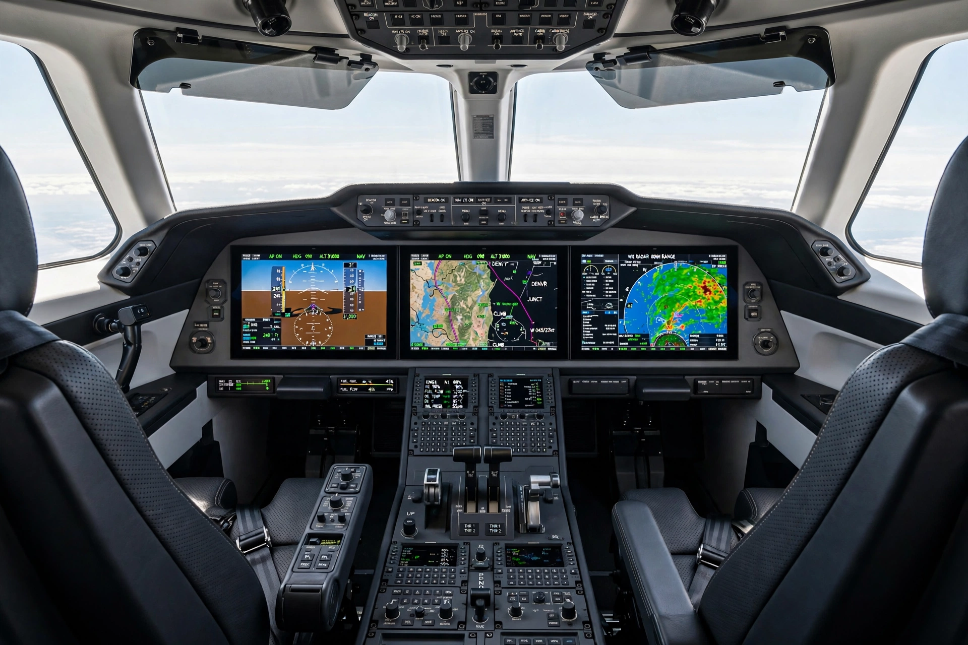 A modern jet cockpit with large digital flight displays and two pilots' seats.