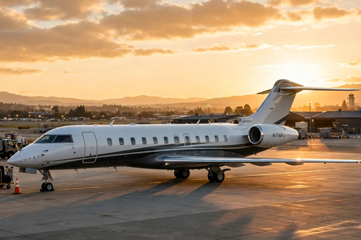A large white business jet parked on an airport ramp in warm evening light.