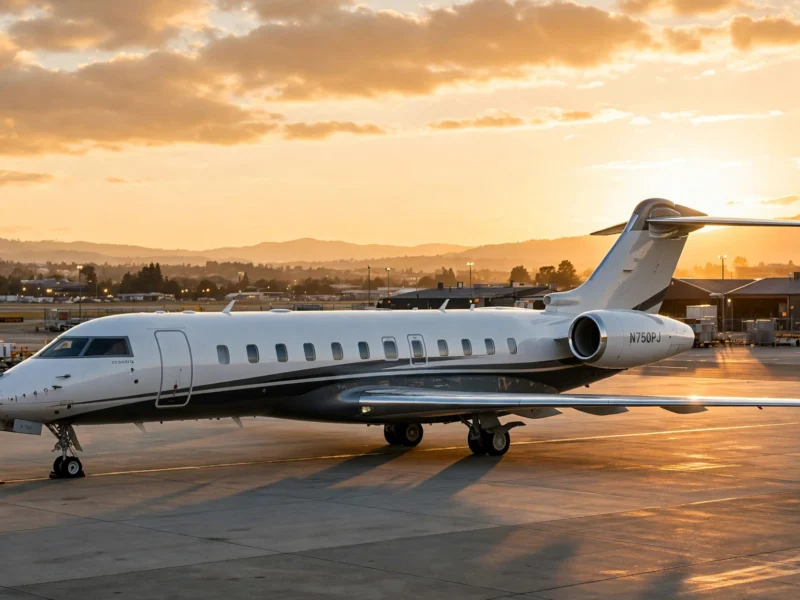 A large white business jet parked on an airport ramp in warm evening light.
