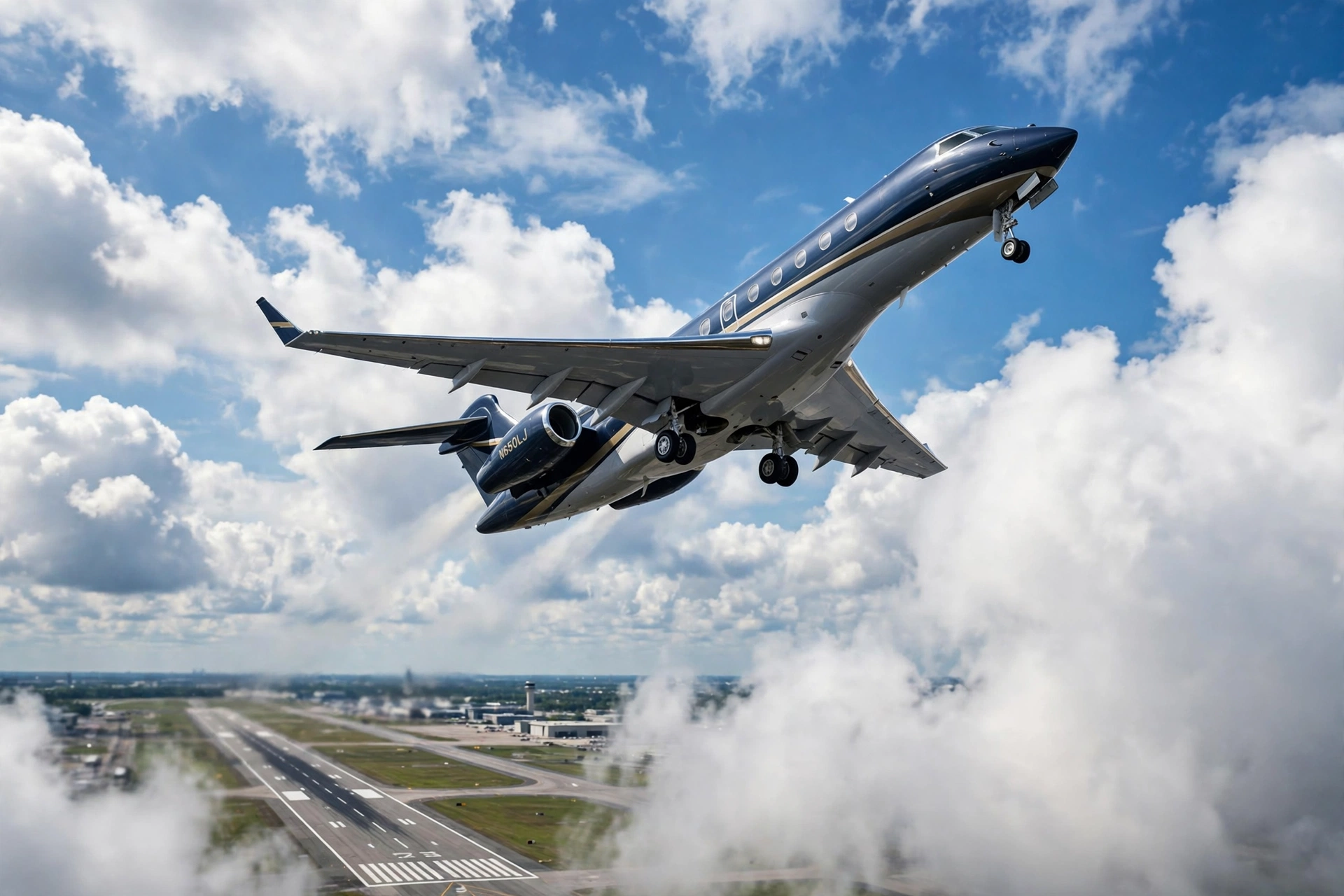 A business jet climbing into a blue sky shortly after takeoff.