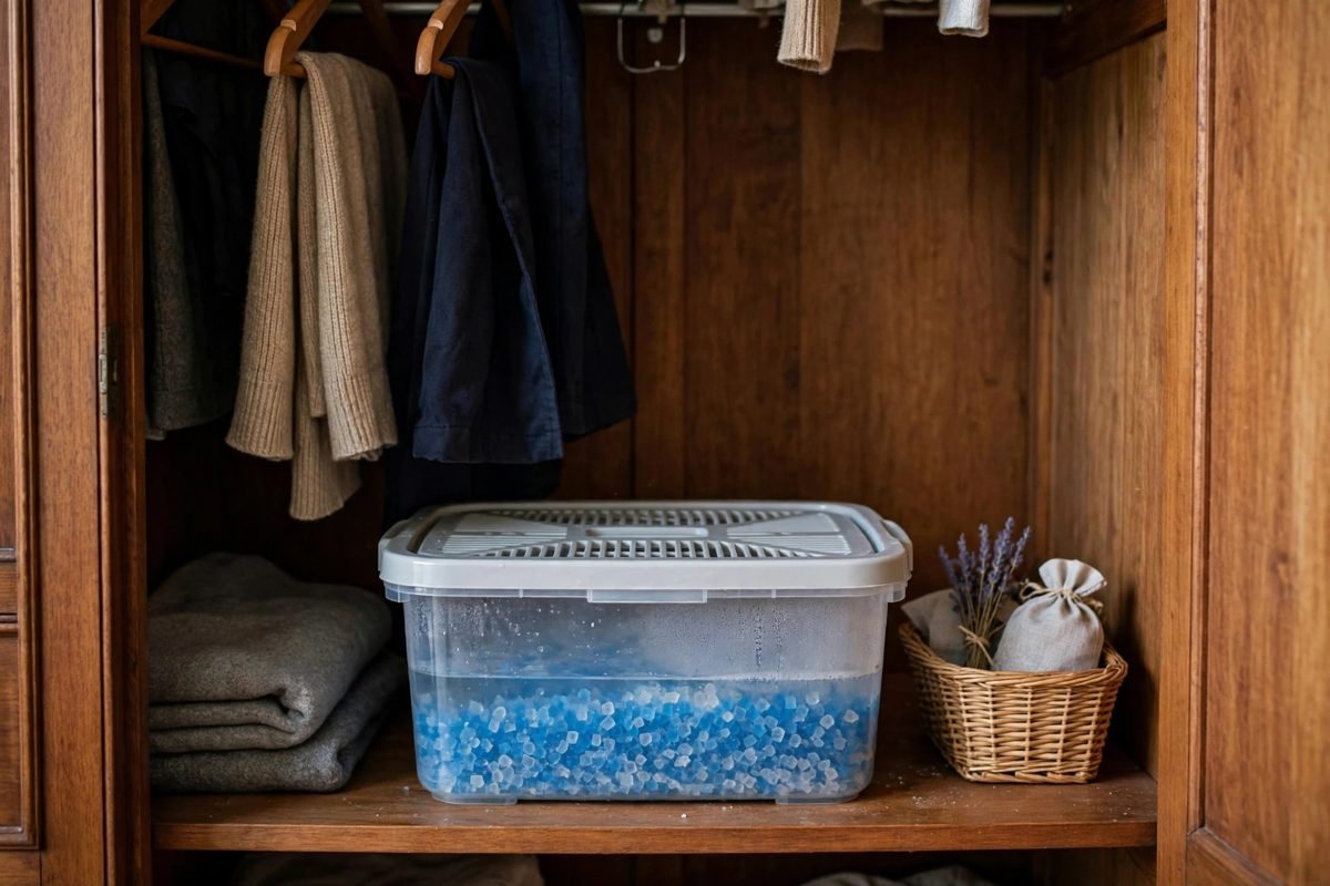 A moisture-absorbing tub placed inside a wardrobe to control dampness.
