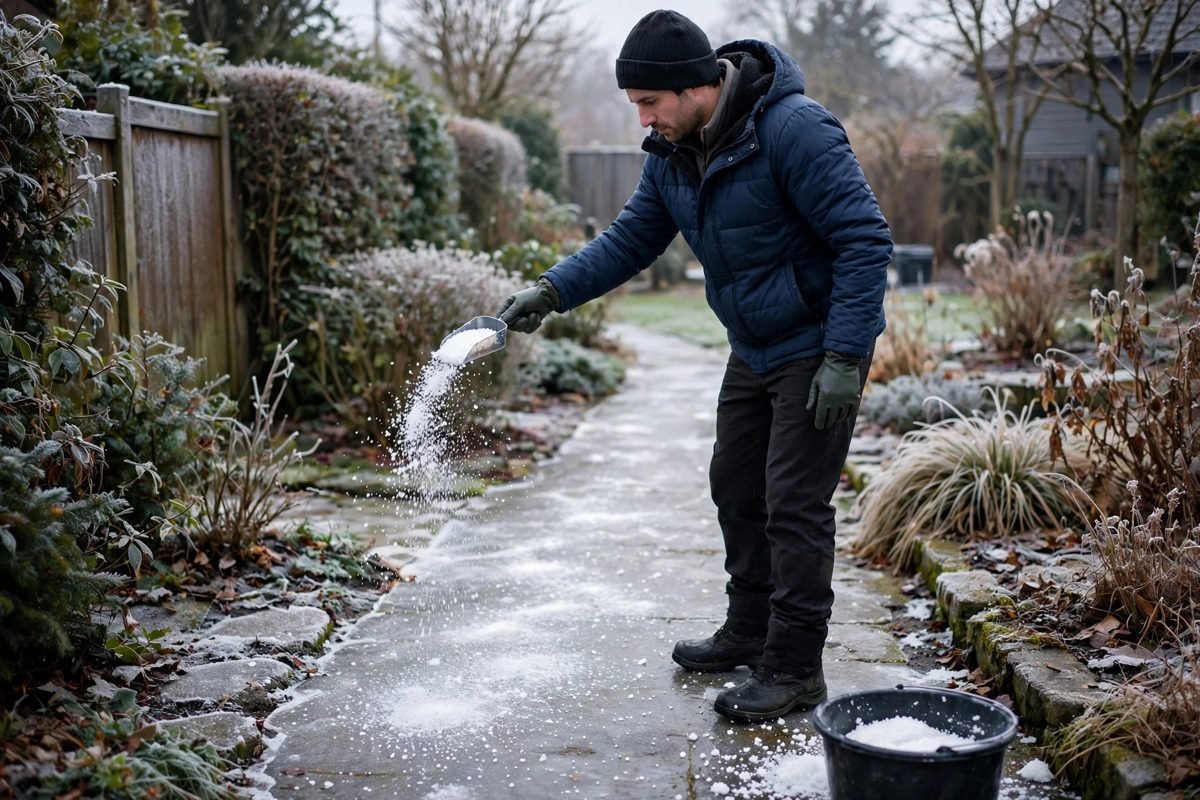 A person spreading white de-icing granules evenly on an icy garden path.