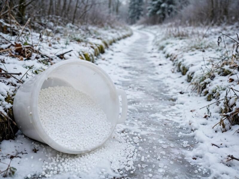 White calcium chloride pellets in a container beside a winter path, representing de-icing use.