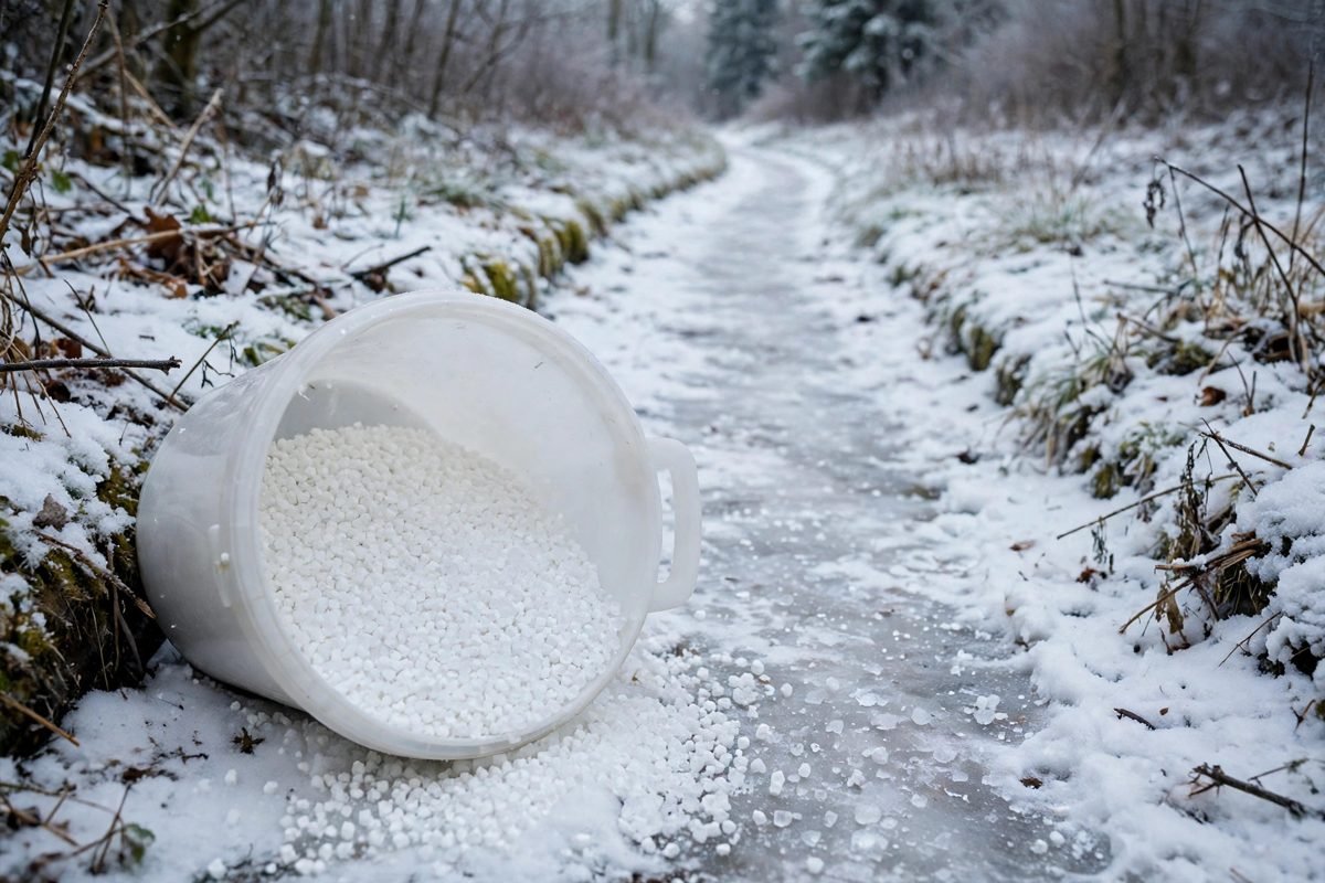 White calcium chloride pellets in a container beside a winter path, representing de-icing use.