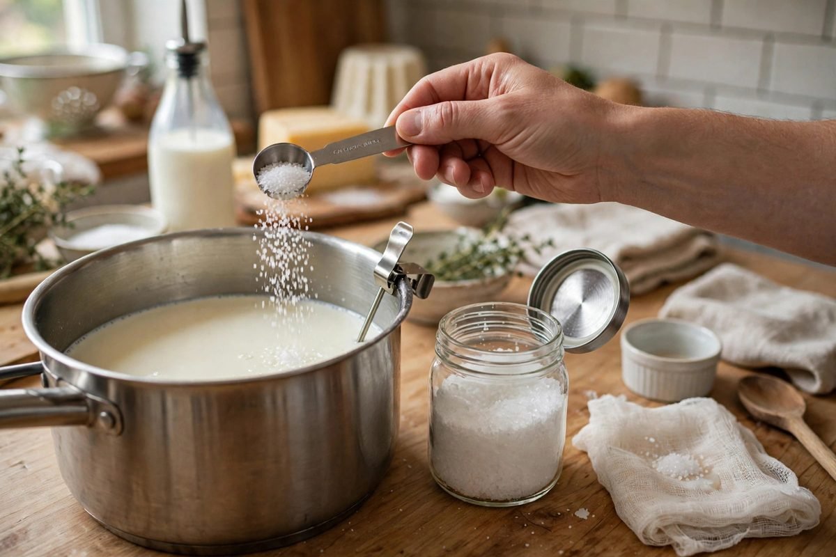 Food-grade calcium chloride being used carefully in a kitchen during cheese making.