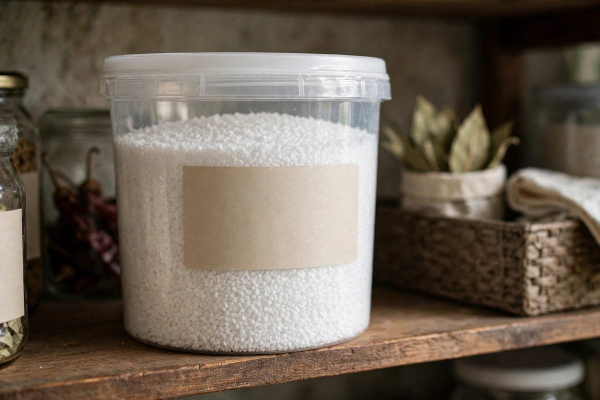 A sealed, clearly labelled container of white granules stored on a dry shelf.