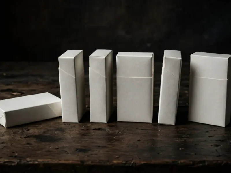 A row of unbranded cigarette packs on a dark wooden table, illustrating popular cigarette brands