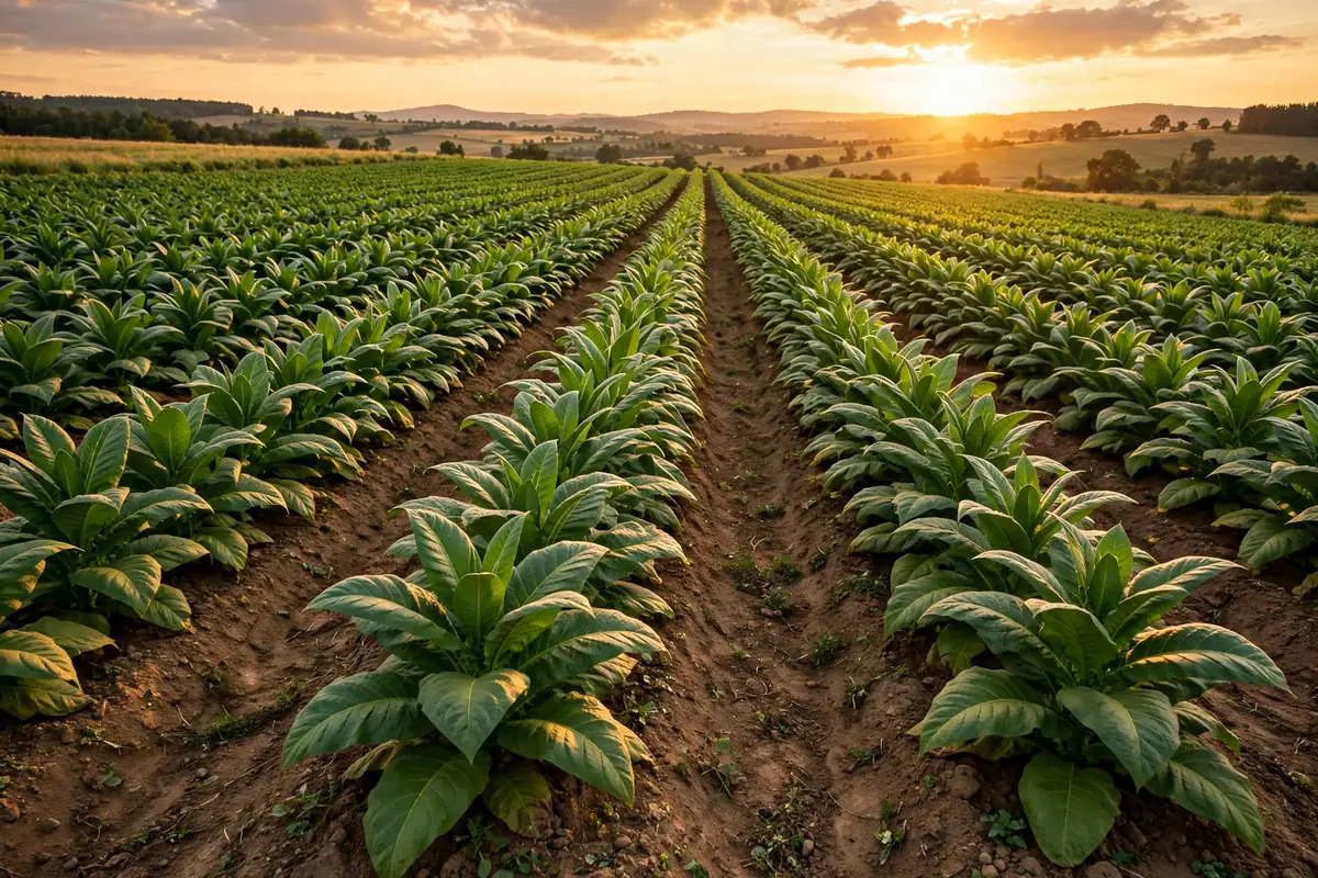 Green tobacco plants growing in rows in a field at sunset, the raw material behind cigarette brands