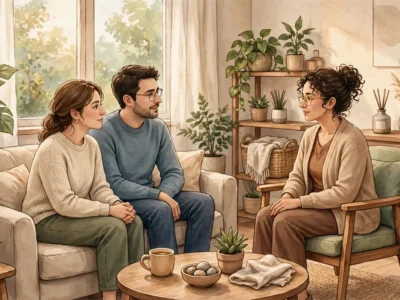 A couple sitting on a sofa talking with a therapist in a calm counselling office, illustrating what couples therapy what to expect first session looks like.