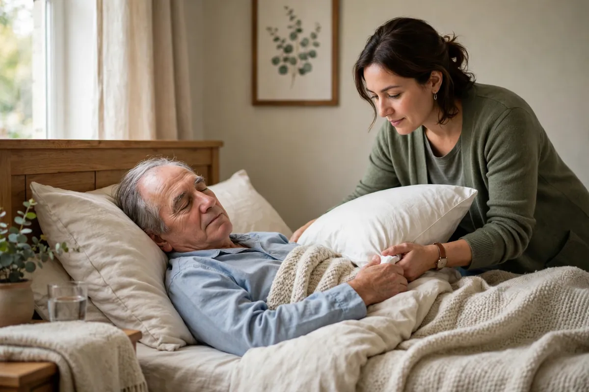 A caregiver gently adjusting pillows around a resting patient to ease breathing