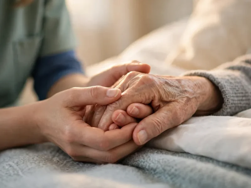 a caregiver gently holding the hand of an elderly person during end-of-life comfort care