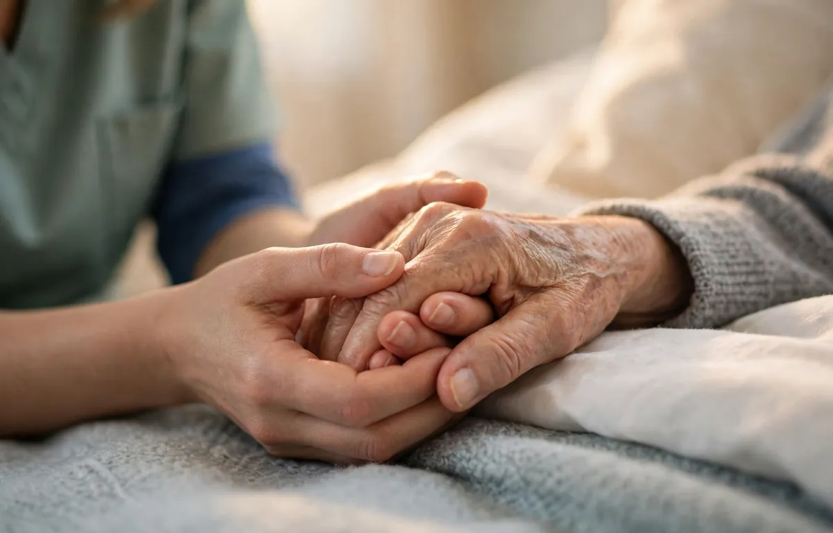a caregiver gently holding the hand of an elderly person during end-of-life comfort care