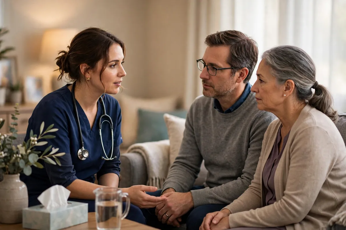 A hospice nurse speaking gently with family members about end-of-life care