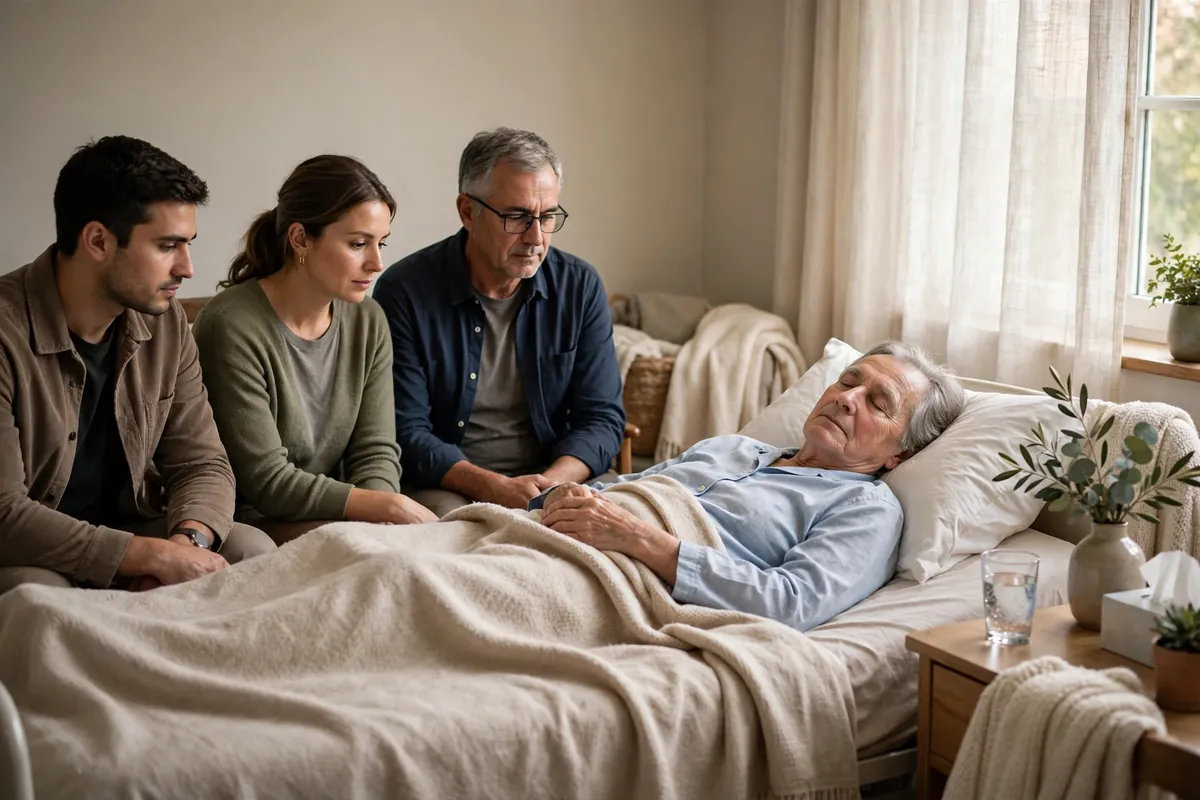 A calm hospice room where family members sit quietly beside a loved one's bedside