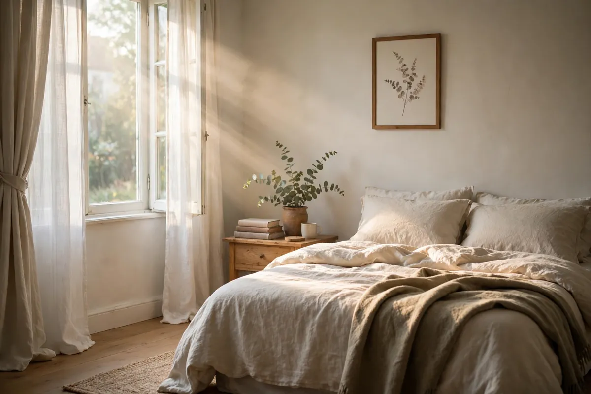 Soft morning light falling across a quiet bedroom, symbolizing peaceful end-of-life care