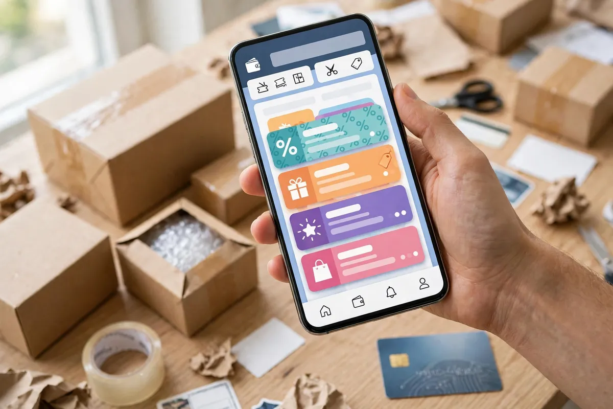 A smartphone showing a coupons wallet next to parcels, representing the DHgate coupon centre where shoppers claim offers before checkout.
