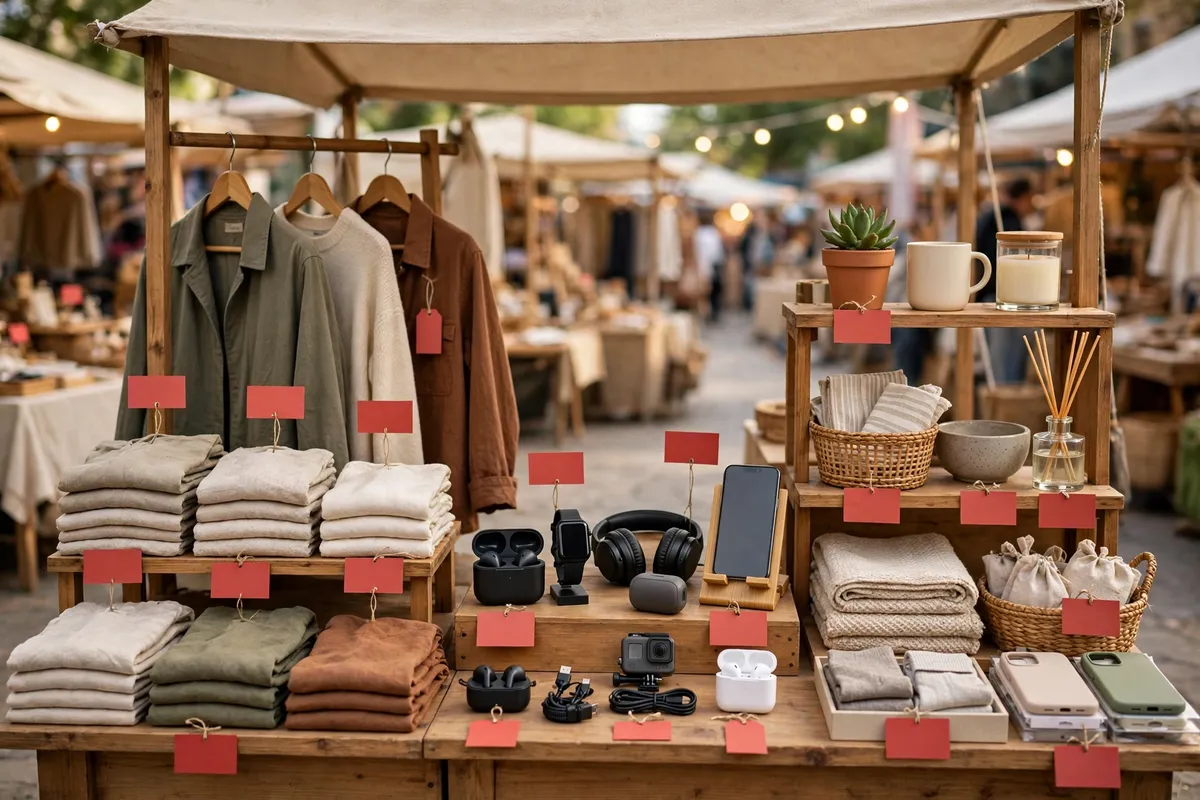 A small online marketplace stall with discounted clothing, gadgets and home goods, showing how individual sellers offer their own coupons.