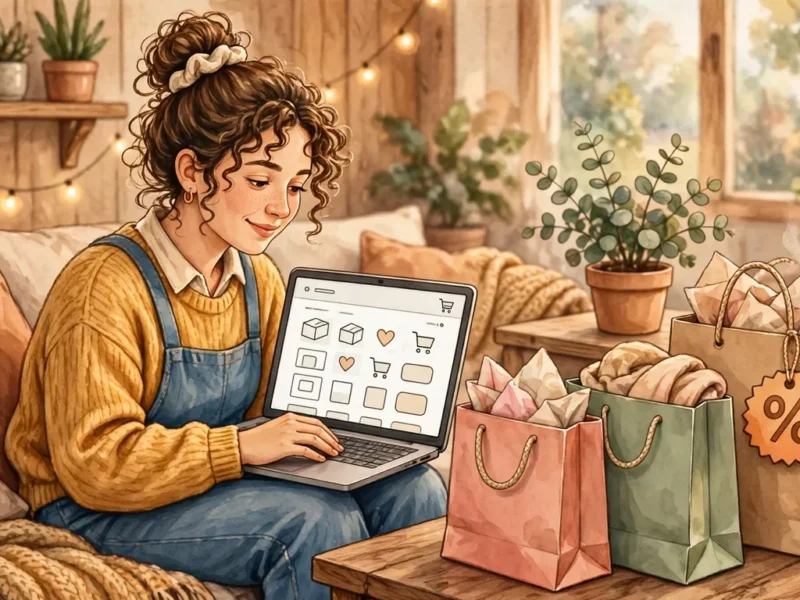 A shopper browsing online deals on a laptop with shopping bags and a discount tag, illustrating how a DHgate promo code can lower an order total.