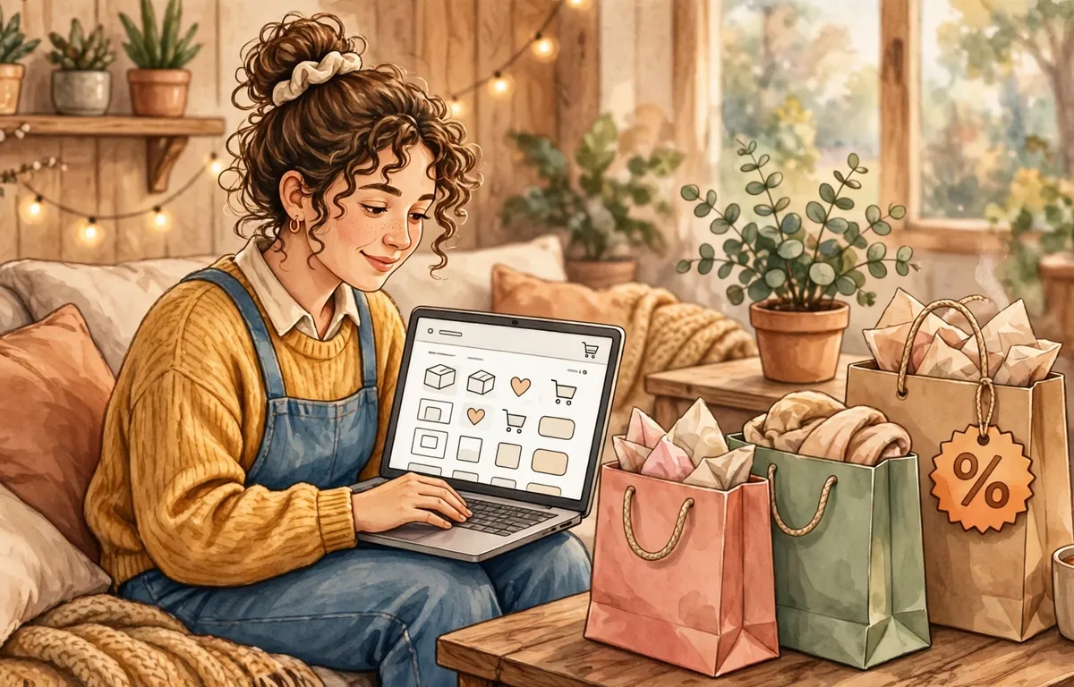 A shopper browsing online deals on a laptop with shopping bags and a discount tag, illustrating how a DHgate promo code can lower an order total.