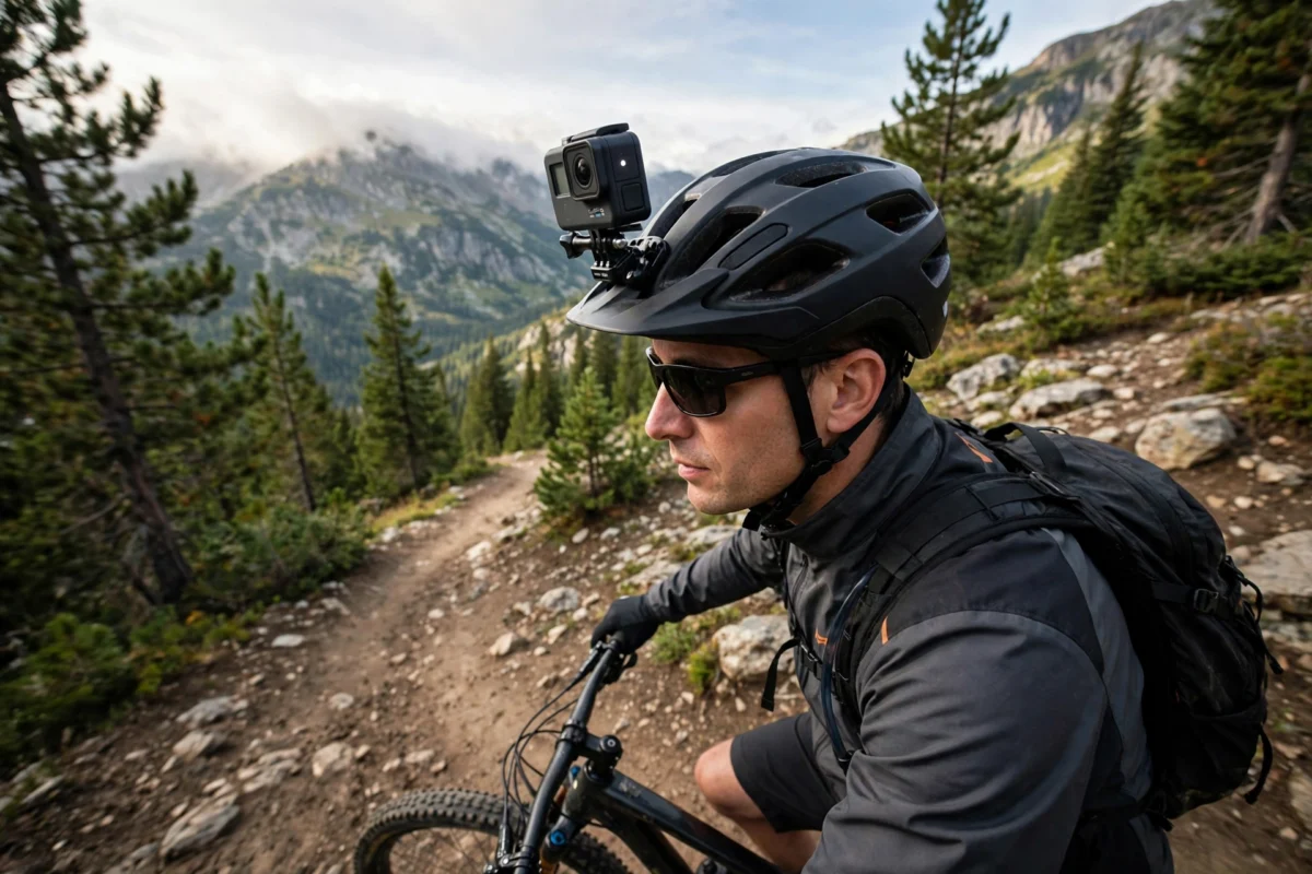 A compact action camera mounted on a helmet above a mountain trail.