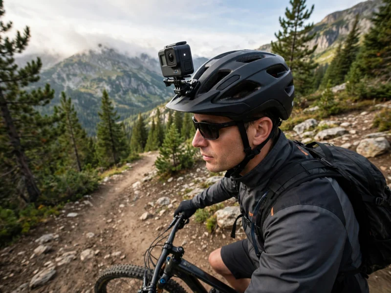 A compact action camera mounted on a helmet above a mountain trail.