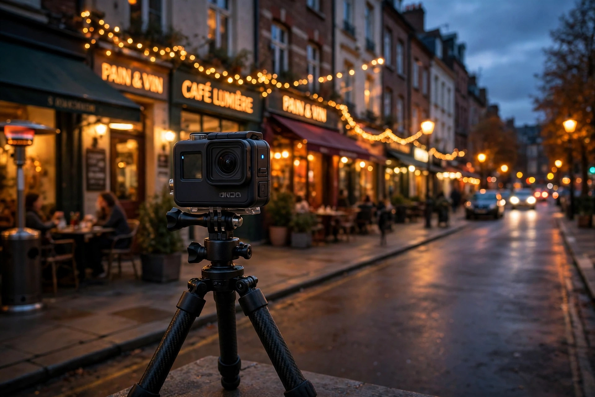 An action camera on a tripod filming a street scene at dusk.