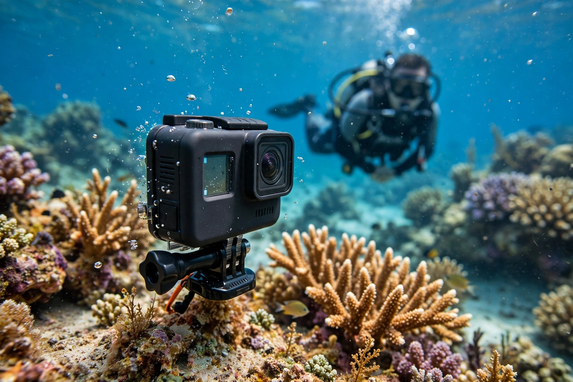 An action camera filming underwater near coral with a diver behind it.