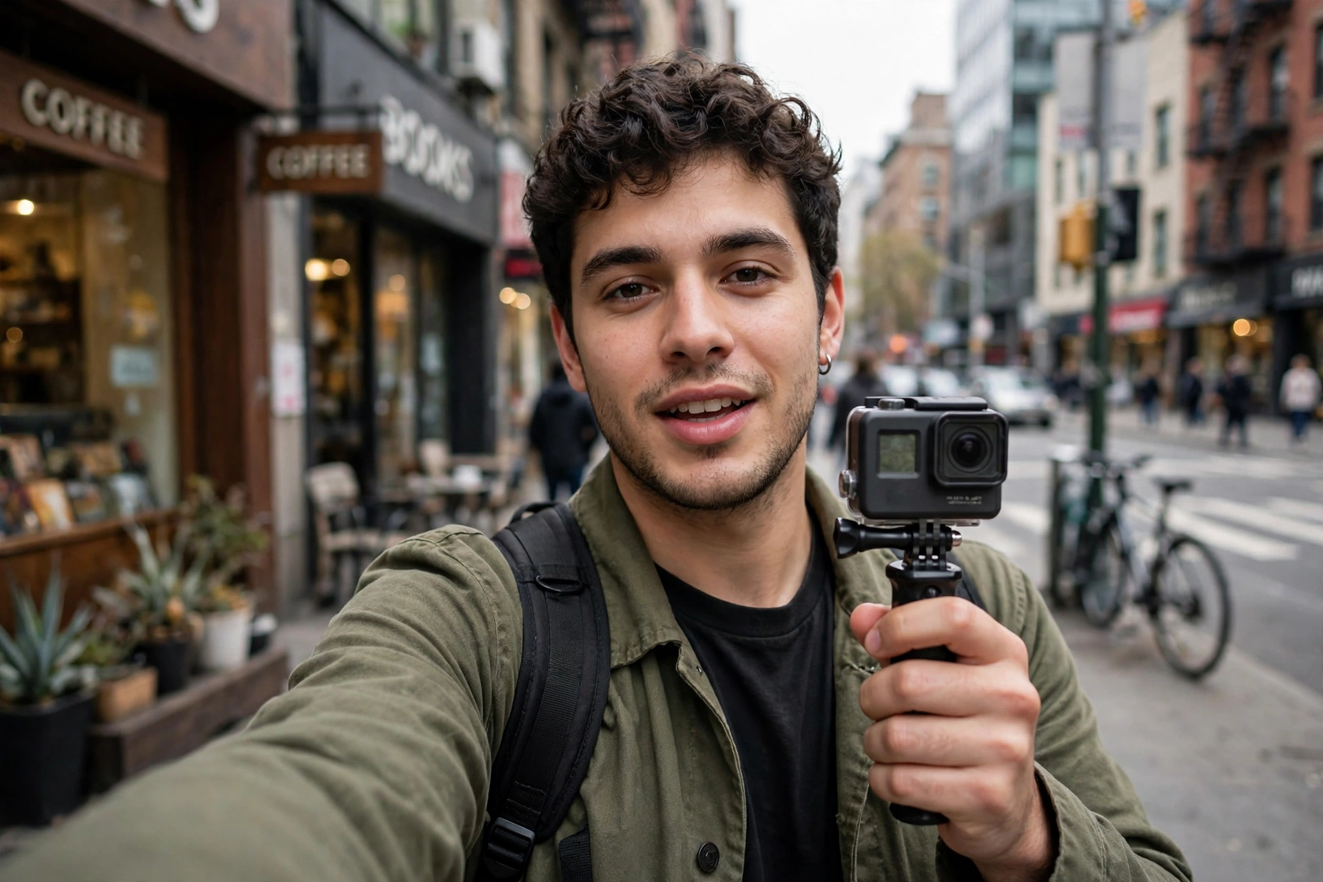 A person vlogging outdoors holding a small action camera on a short grip.